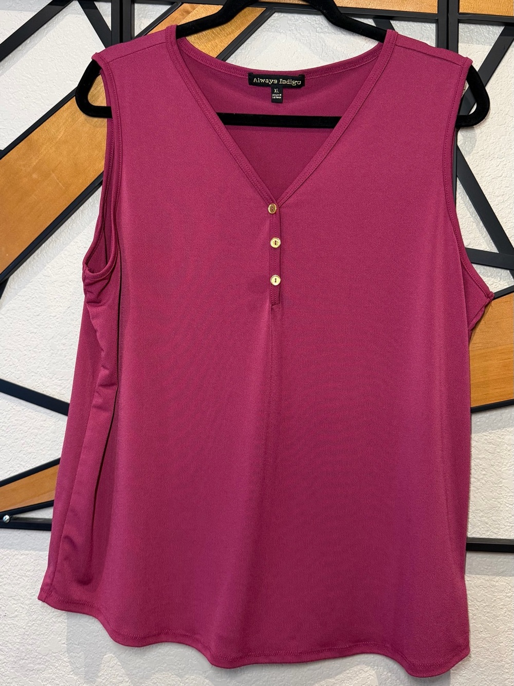 Always Indigo Sleeveless V-Neck Camisole in Berry Plum with Gold Buttons